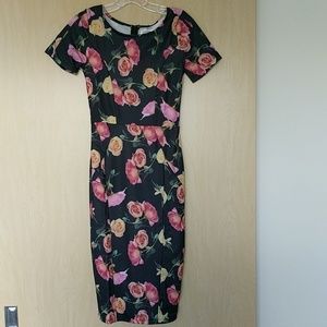 NWT Unique Vintage Black Floral Pencil Dress Small